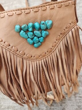 Lucky Brand Tan Leather Fringe Turquoise Stone Detail Crossbody Bag Boho Western